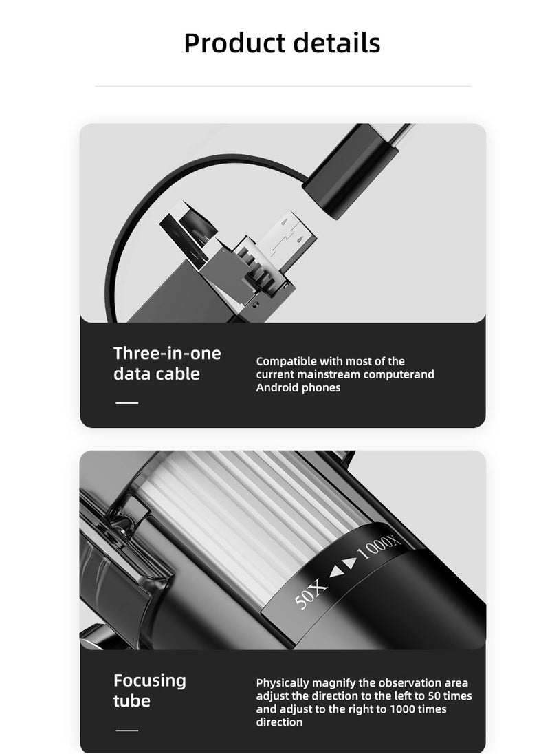 Three In One USB High Definition Digital Microscope , Digital Handheld 500X-1000X 1600X Magnification Endoscope With Mini Video Camera LED Lights