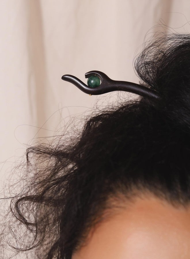 MINACHI Vintage Style Wooden Hairstick with Jade-Colored Stone Charm, Hair Accessory for Women - Image 3