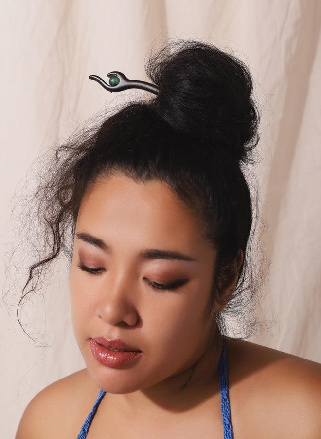MINACHI Vintage Style Wooden Hairstick with Jade-Colored Stone Charm, Hair Accessory for Women - Image 2