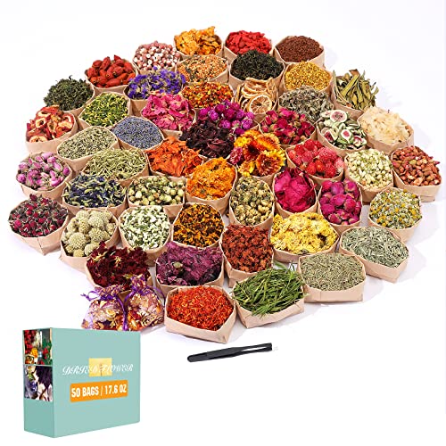 SACATR Dried Flowers, 50 Bags 100% Natural Dried Herbs Kit for Soap Making, Candle, Resin Jewelry Making, Bath, Nail - Include Rose Petals, Rosebuds, Lilium, Jasmine, Don't Forget Me and More - Image 1