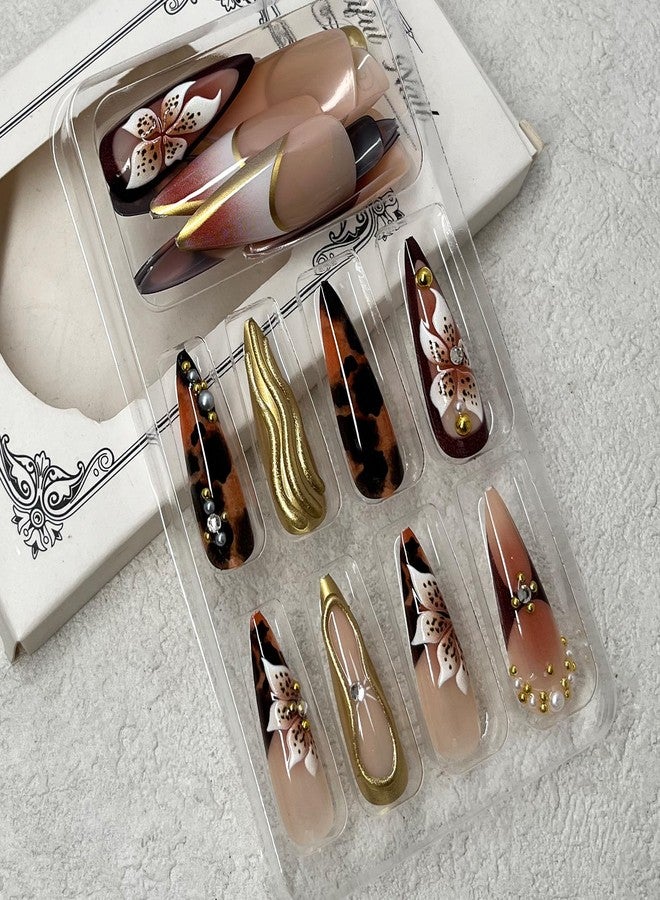 Jremg Brown Press on Nails Long Almond Fake Nails with Rhinestones Designs 3D Gold Texture False Nails Glossy Embossed Pearl Flowers Glue on Nails Reusable Stick on Nails for Women Nail Art 24Pcs - Image 2
