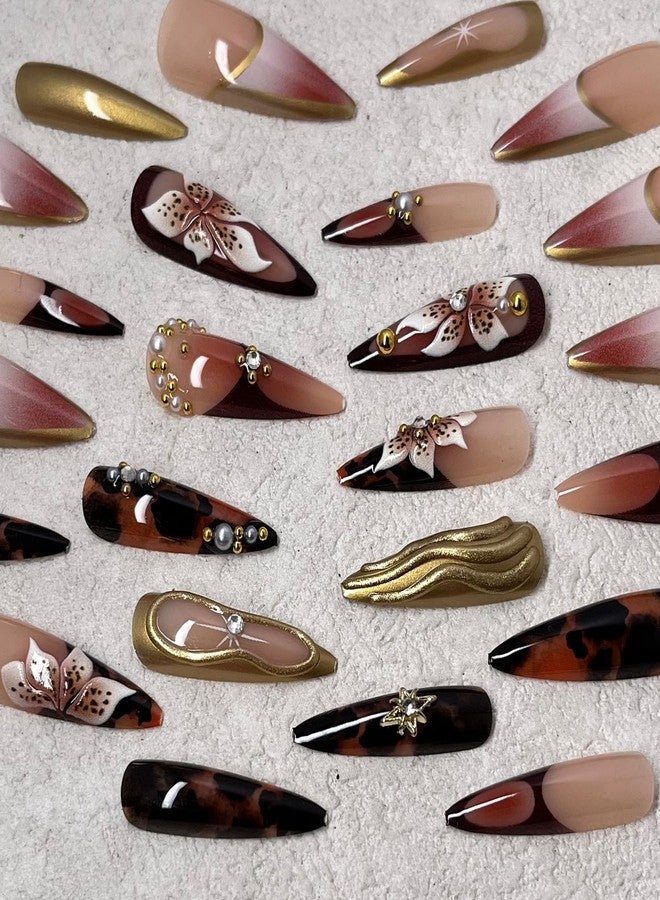 Jremg Brown Press on Nails Long Almond Fake Nails with Rhinestones Designs 3D Gold Texture False Nails Glossy Embossed Pearl Flowers Glue on Nails Reusable Stick on Nails for Women Nail Art 24Pcs - Image 4