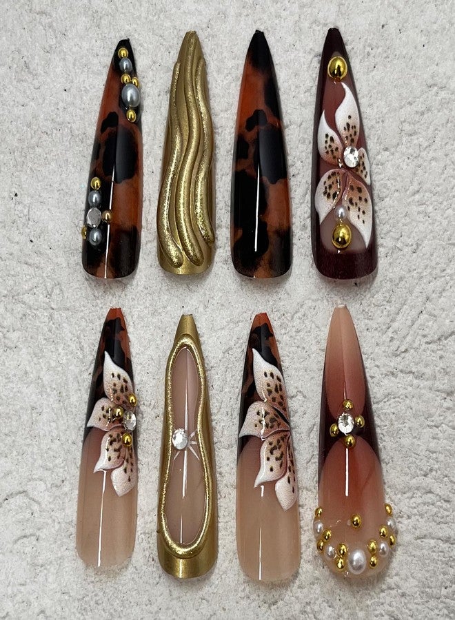 Jremg Brown Press on Nails Long Almond Fake Nails with Rhinestones Designs 3D Gold Texture False Nails Glossy Embossed Pearl Flowers Glue on Nails Reusable Stick on Nails for Women Nail Art 24Pcs - Image 3