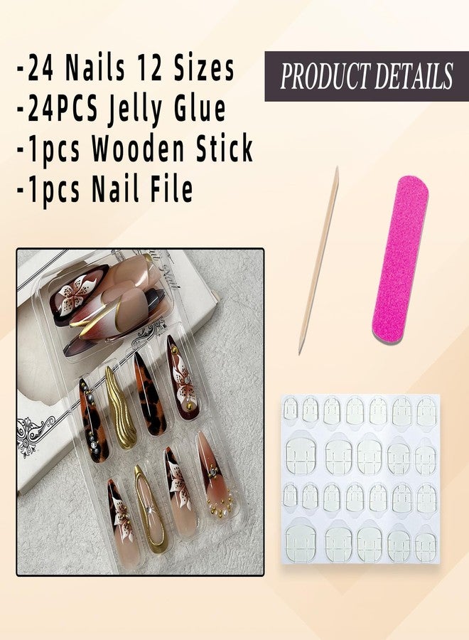 Jremg Brown Press on Nails Long Almond Fake Nails with Rhinestones Designs 3D Gold Texture False Nails Glossy Embossed Pearl Flowers Glue on Nails Reusable Stick on Nails for Women Nail Art 24Pcs - Image 5