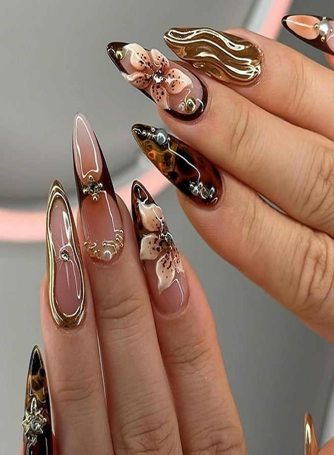 Jremg Brown Press on Nails Long Almond Fake Nails with Rhinestones Designs 3D Gold Texture False Nails Glossy Embossed Pearl Flowers Glue on Nails Reusable Stick on Nails for Women Nail Art 24Pcs - Image 1