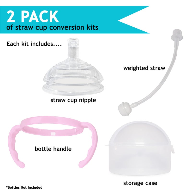 Botabee Straw Transition Cup Kit for Comotomo Baby Bottles | Conversion Kit Fits 5 & 8 Ounce Bottles | Soft, Silicone Straw Top Bottle Nipple & Weighted Straw to Help Baby - Pack of 2 (Pink) - Image 2