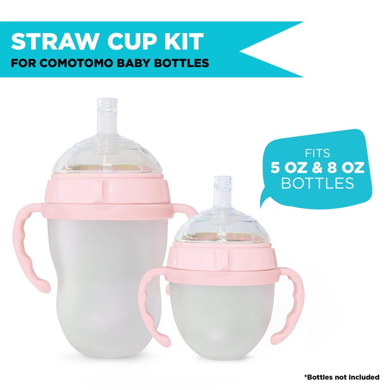 Botabee Straw Transition Cup Kit for Comotomo Baby Bottles | Conversion Kit Fits 5 & 8 Ounce Bottles | Soft, Silicone Straw Top Bottle Nipple & Weighted Straw to Help Baby - Pack of 2 (Pink) - Image 4