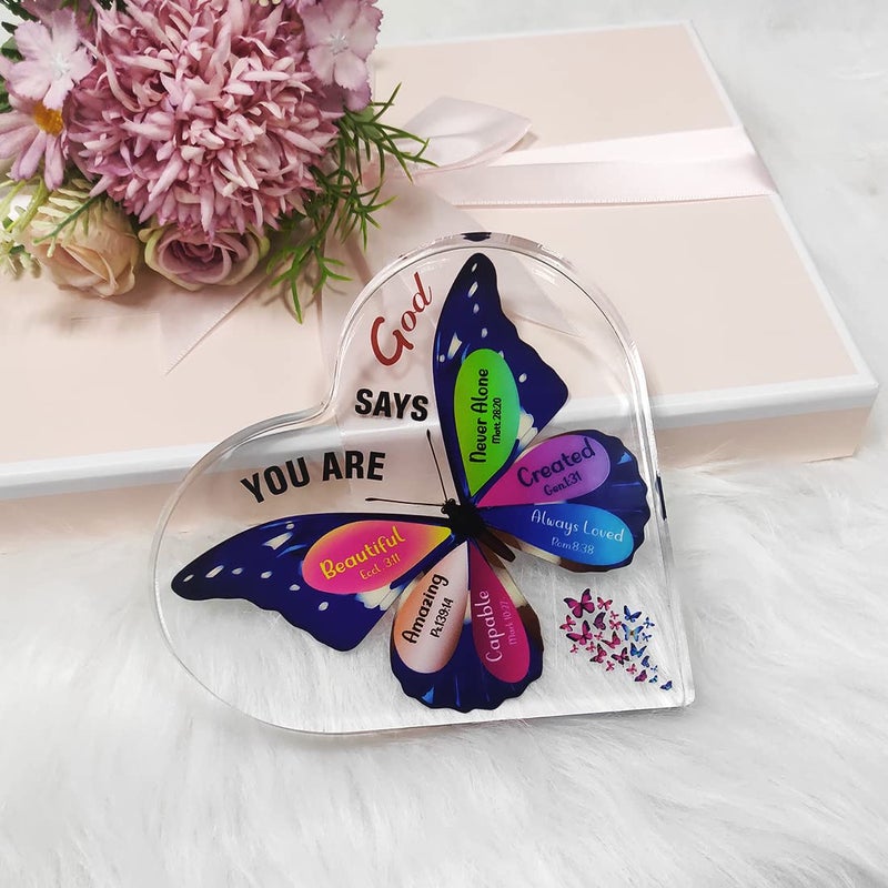 JUNQIU US JUNQIU Christian Gifts for Women  Inspirational Faith Gifts for Women Religious  Bible Verse and Encouragement Butterfly Desk Decor  Gifts for Women  Mom  Friend  Sister-Acrylic Hearts Plaques - Image 3