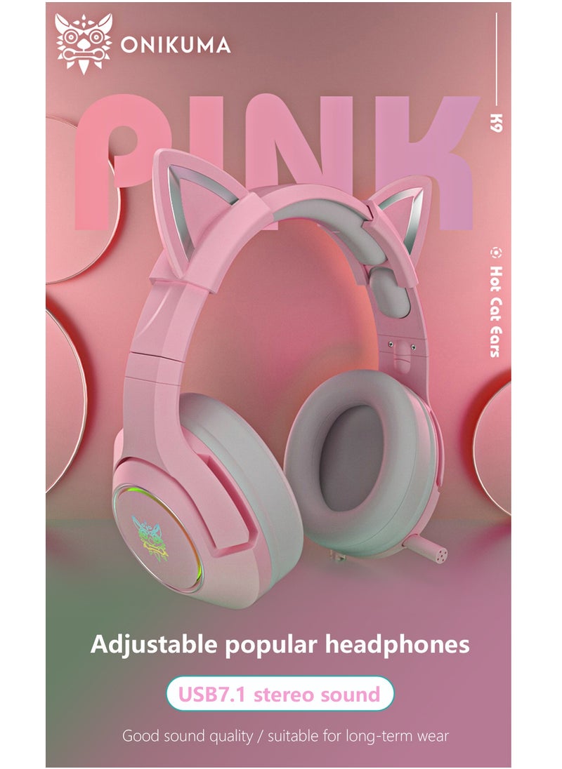 onikuma Onikuma K9 Pink cat Gaming Headset Wired Pc Game Headphone Usb 7.1 Surround Adjustable Game Sound Noise Reduction Headphone RGB Luminous Adjustable Gaming Headset with Mic  - Image 4