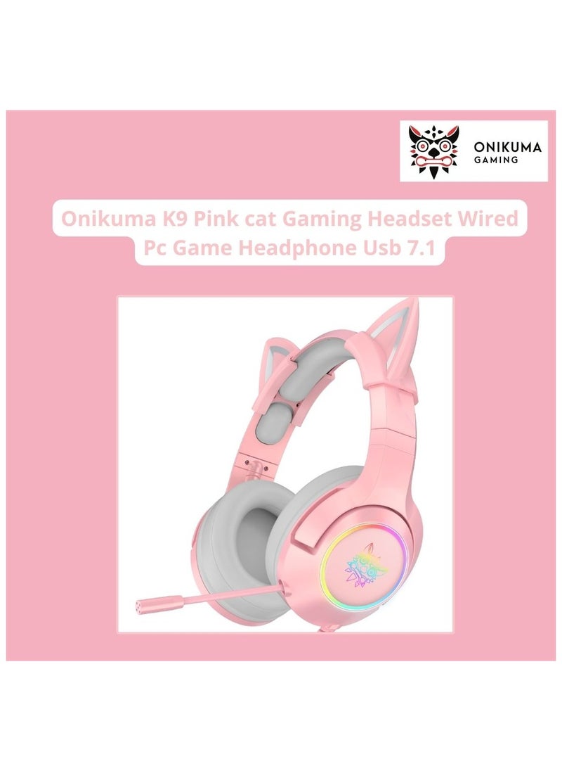 onikuma Onikuma K9 Pink cat Gaming Headset Wired Pc Game Headphone Usb 7.1 Surround Adjustable Game Sound Noise Reduction Headphone RGB Luminous Adjustable Gaming Headset with Mic  - Image 1