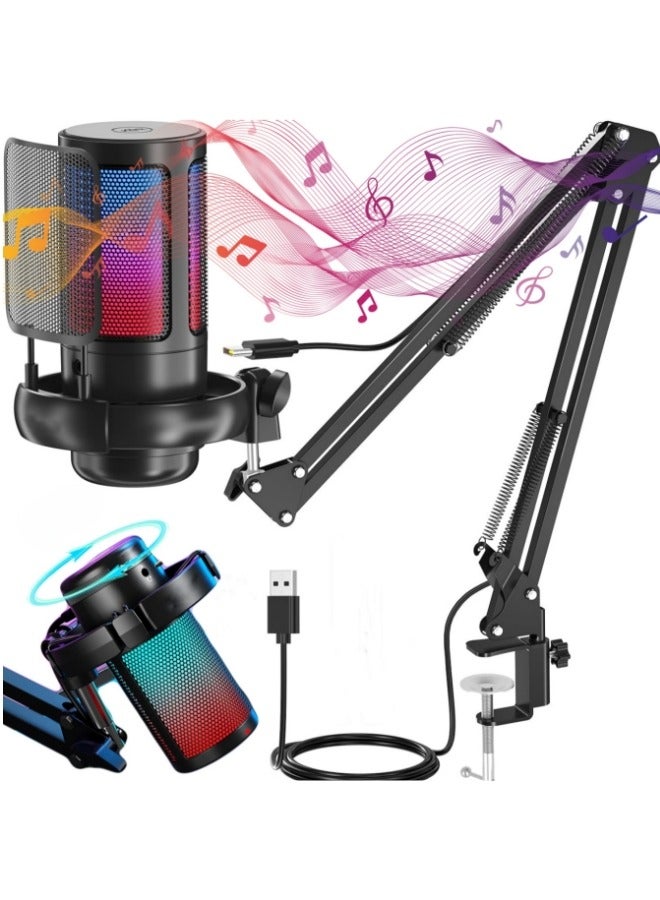 Vicalo Gaming PC USB Microphone, Podcasting Condenser Microphone with Boom Arm, Pop Filter, Mute Button for Streaming Online Chat, Computer Microphone for PC Gamers  - Image 1