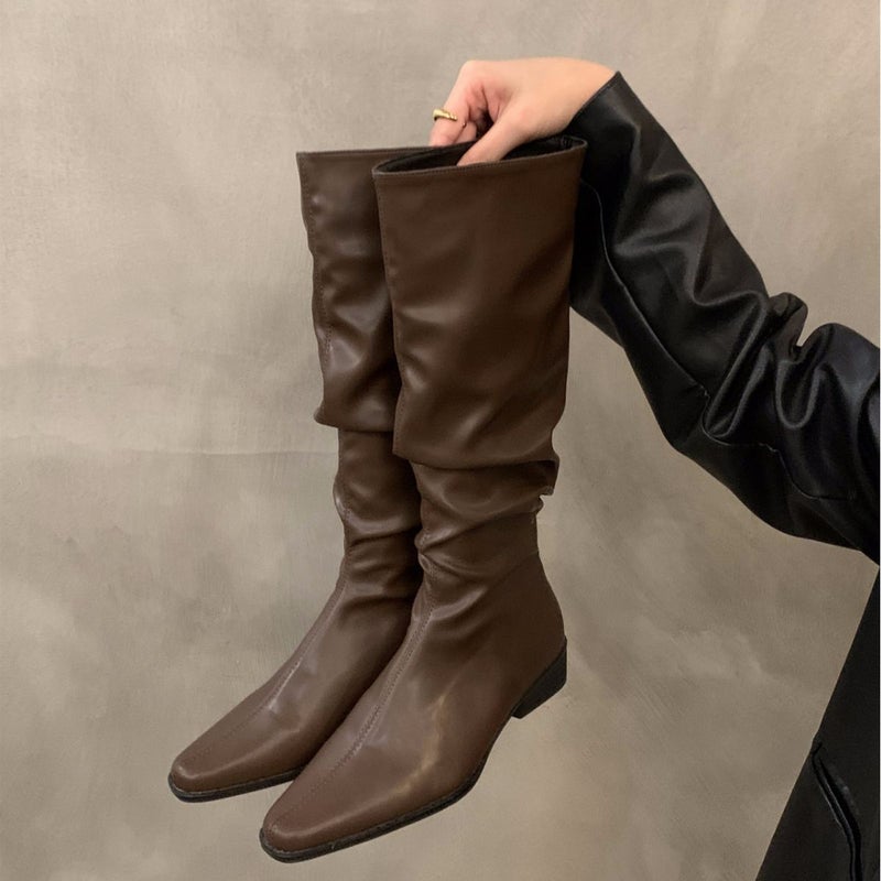 Women's square heel pleated pile boots 2023 new European and American fashionable elegant Western thin boots pointed sleeve boots - Image 3