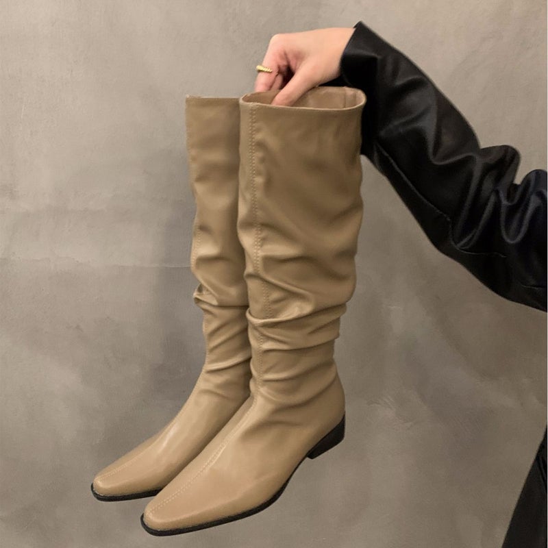 Women's square heel pleated pile boots 2023 new European and American fashionable elegant Western thin boots pointed sleeve boots - Image 5