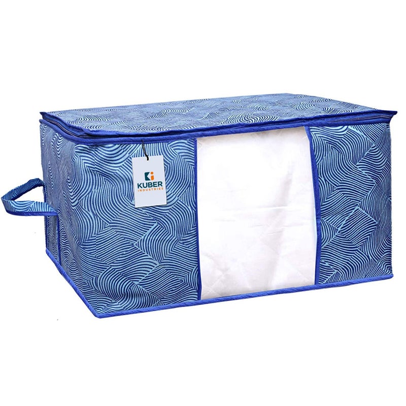 Kuber Industries Lahariya Print Underbed Storage BagNonWoven Comforter Blanket CoverPremium Zipper With Side HandlesMultipurpose Storage OrganiserPack of 2 Blue - Image 3