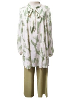 Generic Women's Cotton Linen 2-pieces Set Long Sleeve Suit With Ribbon and Wide Leg Pants Free Size T-0254  - Image 1