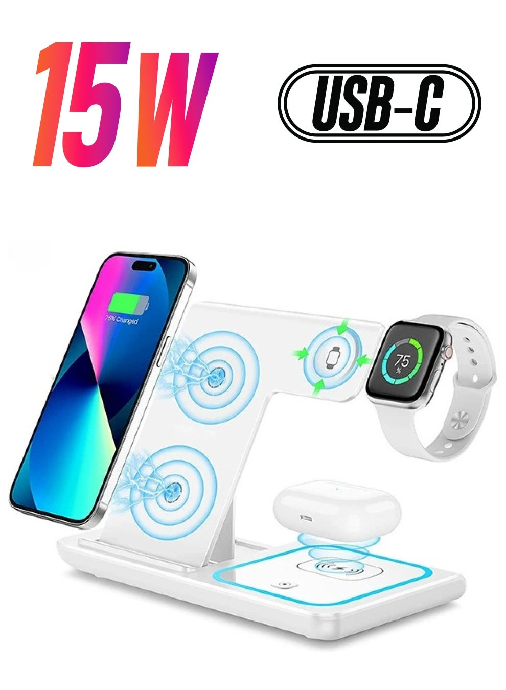 Wireless Charging Station, 3 in 1 Foldable Wireless Charger Stand, Wireless Charging Stand for iPhone & Samsung Series, Apple Watch, and Qi-Certified Phones
