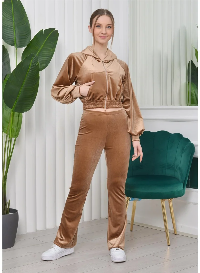 Nuseel Hooded Cardigan Crop Spanish Leg Bottom 3-Piece Velvet Set Gold Color