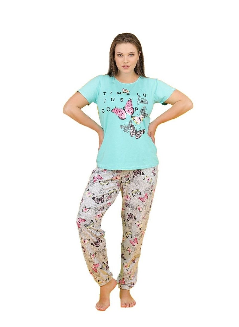 جنة بيجامة نسائية بأكمام قصيره وبنطلون طويل صيفيه مصنوعه من القطن مقاسات كبيره