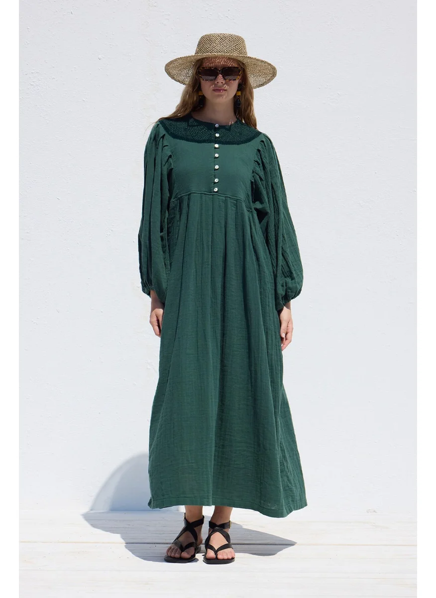 مانوكا Pleated Detailed Muslin Dress Emerald