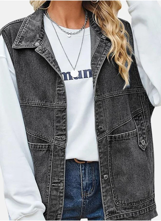 YUNIQEE Black Collared Sleeveless Denim Jacket