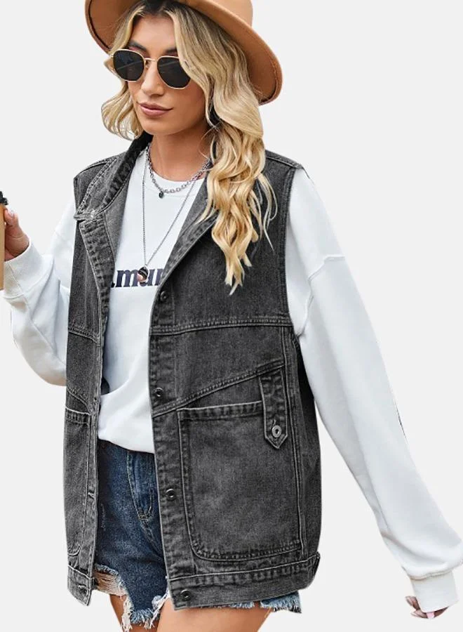 YUNIQEE Black Collared Sleeveless Denim Jacket