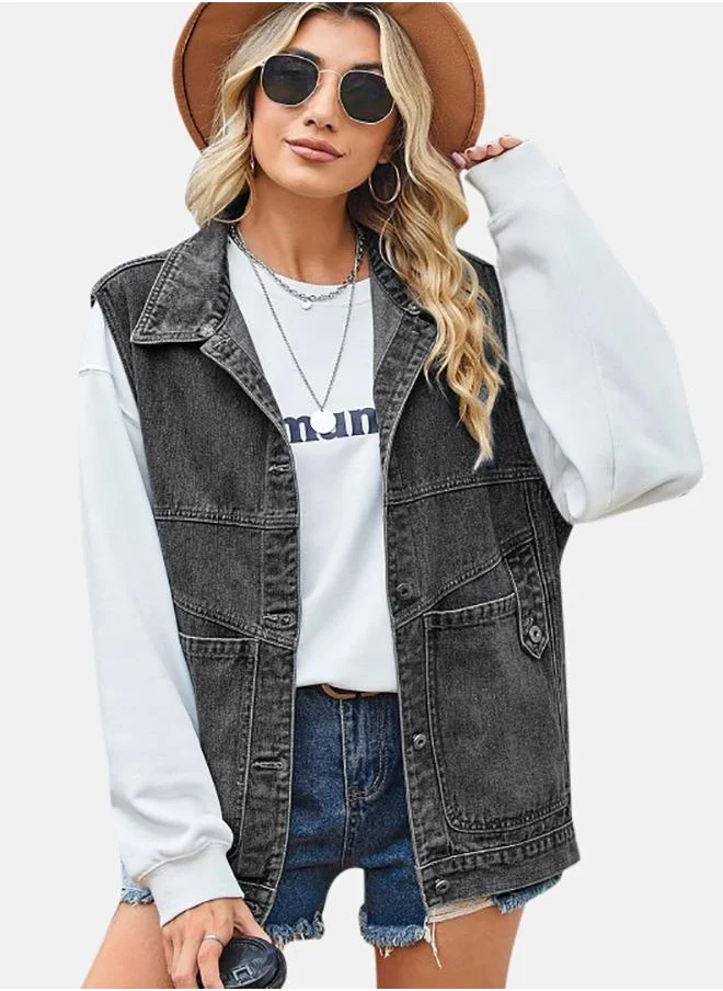 YUNIQEE Black Collared Sleeveless Denim Jacket