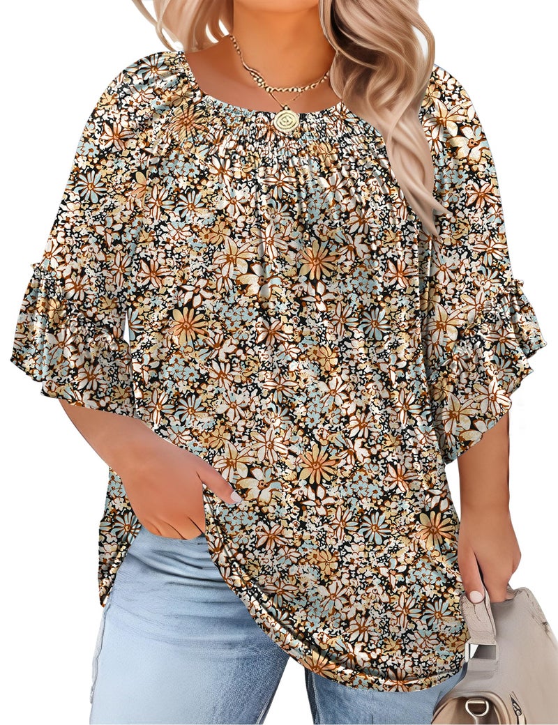 Micoson Plus Size 3/4 Sleeve Tops for Women Half Sleeve Shirts Dressy Casual Crewneck Tunics Plus Work Tops Business Elegant Top - Image 1