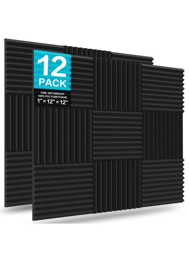 Jber 12 Pack Acoustic Foam Panels, 1" X 12" X 12" Studio Soundproofing Wedges Fire Resistant Sound Proof Padding Acoustic Treatment Foam (Black) - Image 1