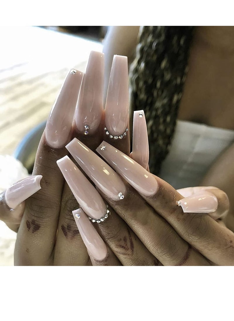 SYOSI Extra Long Fake Nails 24pcs Coffin False Nails Glossy Full Cover Press on Nails Bling Rhinestone Artificial False Nail Tips for Women and Girls Pink  - Image 1