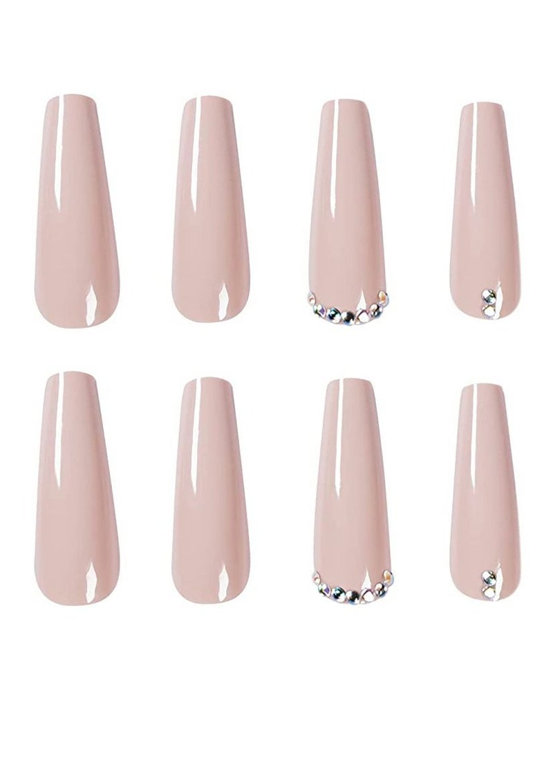 SYOSI Extra Long Fake Nails 24pcs Coffin False Nails Glossy Full Cover Press on Nails Bling Rhinestone Artificial False Nail Tips for Women and Girls Pink  - Image 2