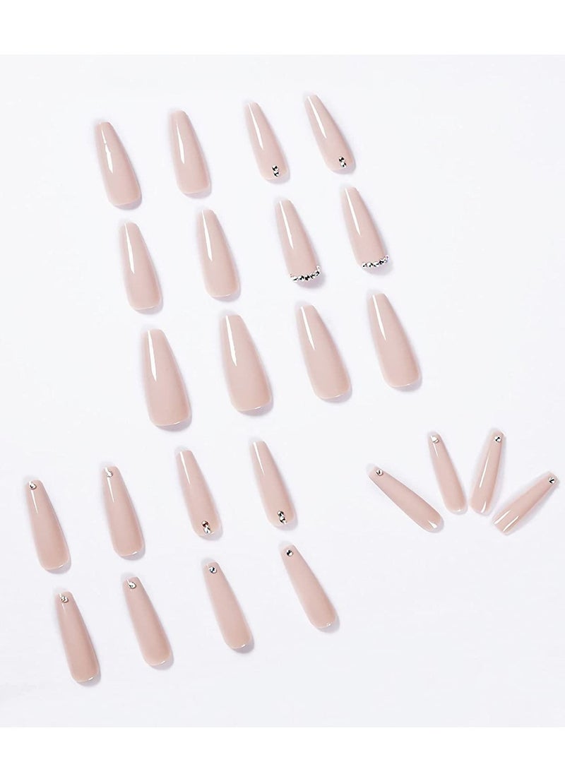 SYOSI Extra Long Fake Nails 24pcs Coffin False Nails Glossy Full Cover Press on Nails Bling Rhinestone Artificial False Nail Tips for Women and Girls Pink  - Image 3