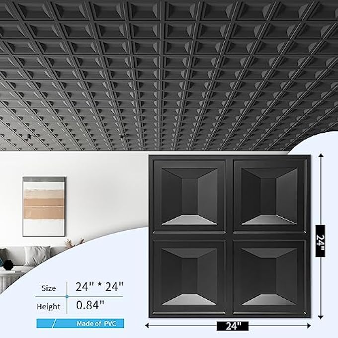 DROP CEILING TILES 24X24, 12 SHEETS PVC DECORATIVE GLUE UP CEILNG PANELS 2X2, BLACK - Image 3