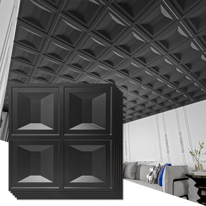 DROP CEILING TILES 24X24, 12 SHEETS PVC DECORATIVE GLUE UP CEILNG PANELS 2X2, BLACK - Image 2