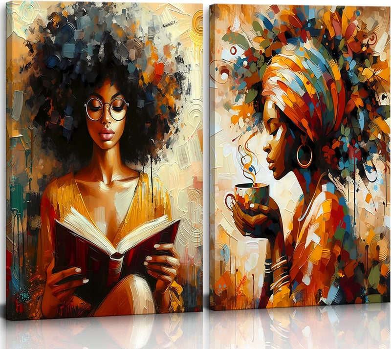 CENDAP Black Woman Wall Art Modern Abstract African American Girl Book Reading Canvas Wall Decor Girl With Coffee Paintings Prints Posters for Bedroom Living Room Gallery Home Decoration(Framed,12Ã—16 Inch) - Image 1