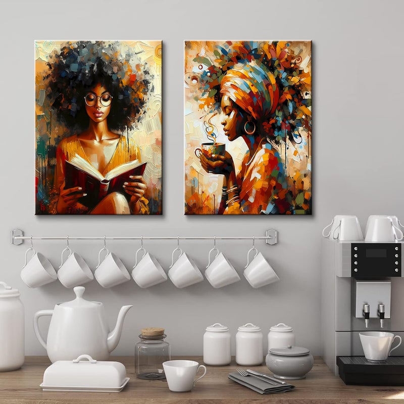 CENDAP Black Woman Wall Art Modern Abstract African American Girl Book Reading Canvas Wall Decor Girl With Coffee Paintings Prints Posters for Bedroom Living Room Gallery Home Decoration(Framed,12Ã—16 Inch) - Image 2