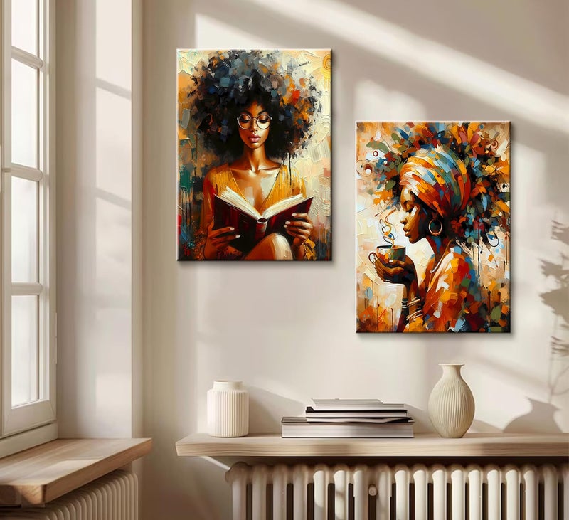 CENDAP Black Woman Wall Art Modern Abstract African American Girl Book Reading Canvas Wall Decor Girl With Coffee Paintings Prints Posters for Bedroom Living Room Gallery Home Decoration(Framed,12Ã—16 Inch) - Image 3