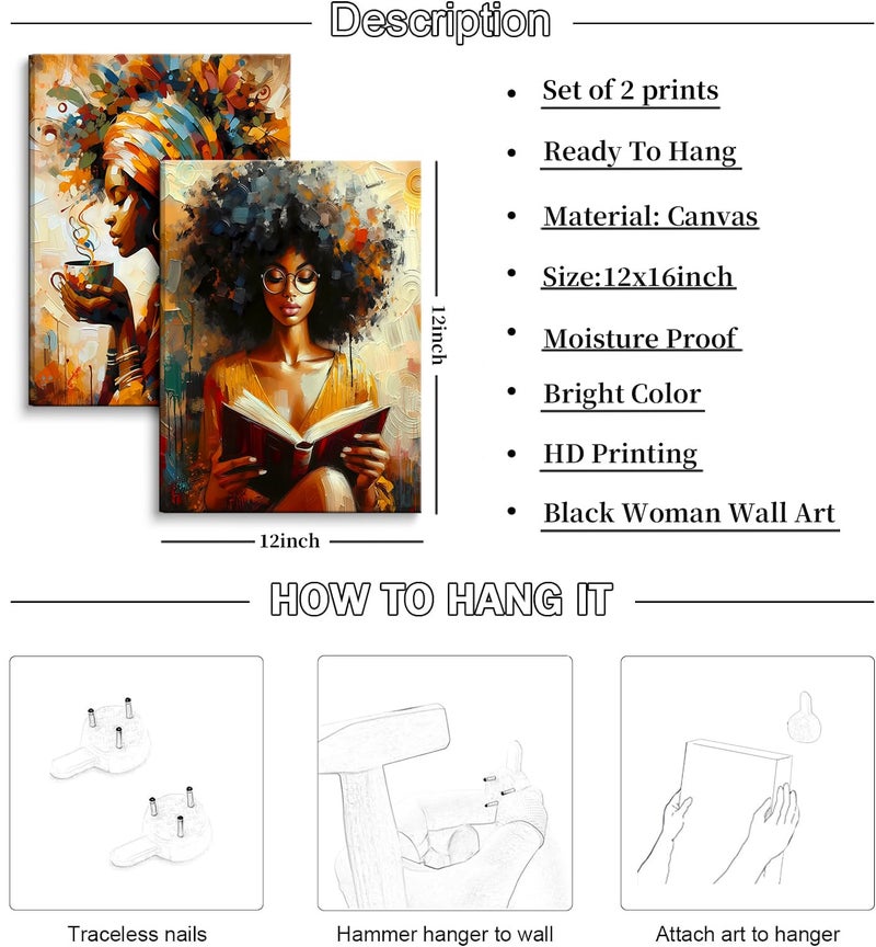 CENDAP Black Woman Wall Art Modern Abstract African American Girl Book Reading Canvas Wall Decor Girl With Coffee Paintings Prints Posters for Bedroom Living Room Gallery Home Decoration(Framed,12Ã—16 Inch) - Image 4