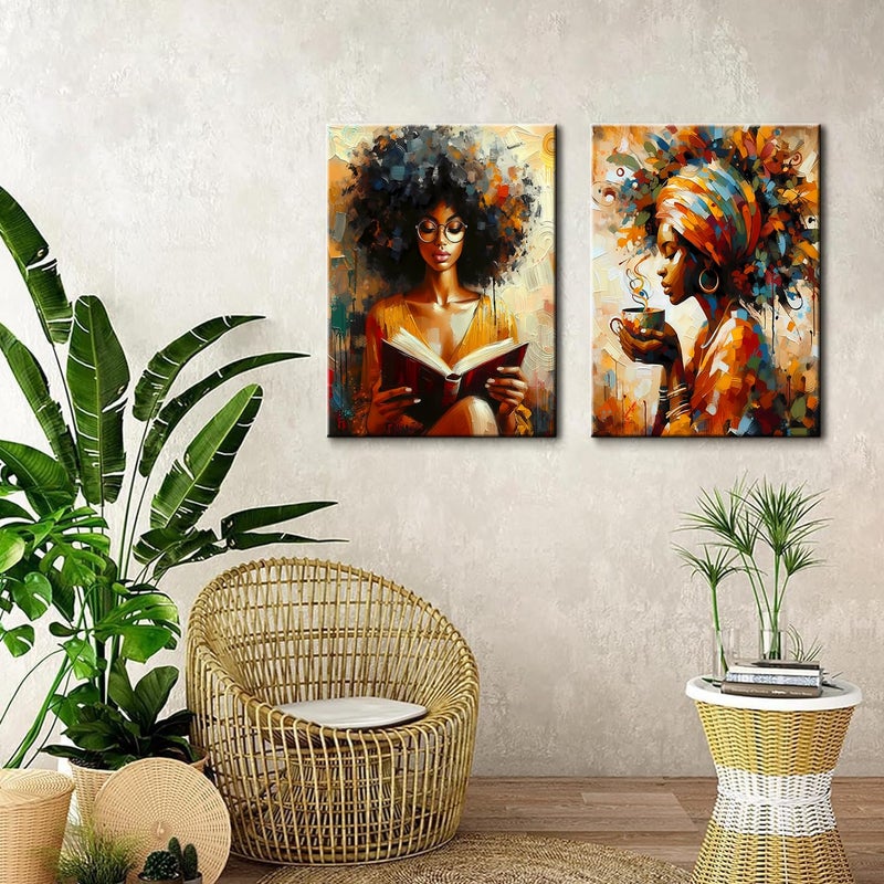 CENDAP Black Woman Wall Art Modern Abstract African American Girl Book Reading Canvas Wall Decor Girl With Coffee Paintings Prints Posters for Bedroom Living Room Gallery Home Decoration(Framed,12Ã—16 Inch) - Image 5