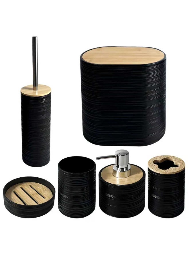 UrbanEssentia 6-Piece Bathroom Accessories Set – Premium Bamboo Bathroom Organizer with Trash Can, Soap Dispenser, Toothbrush Holder, Soap Dish, Tumbler & Toilet Brush – Modern Bathroom Décor - Image 1