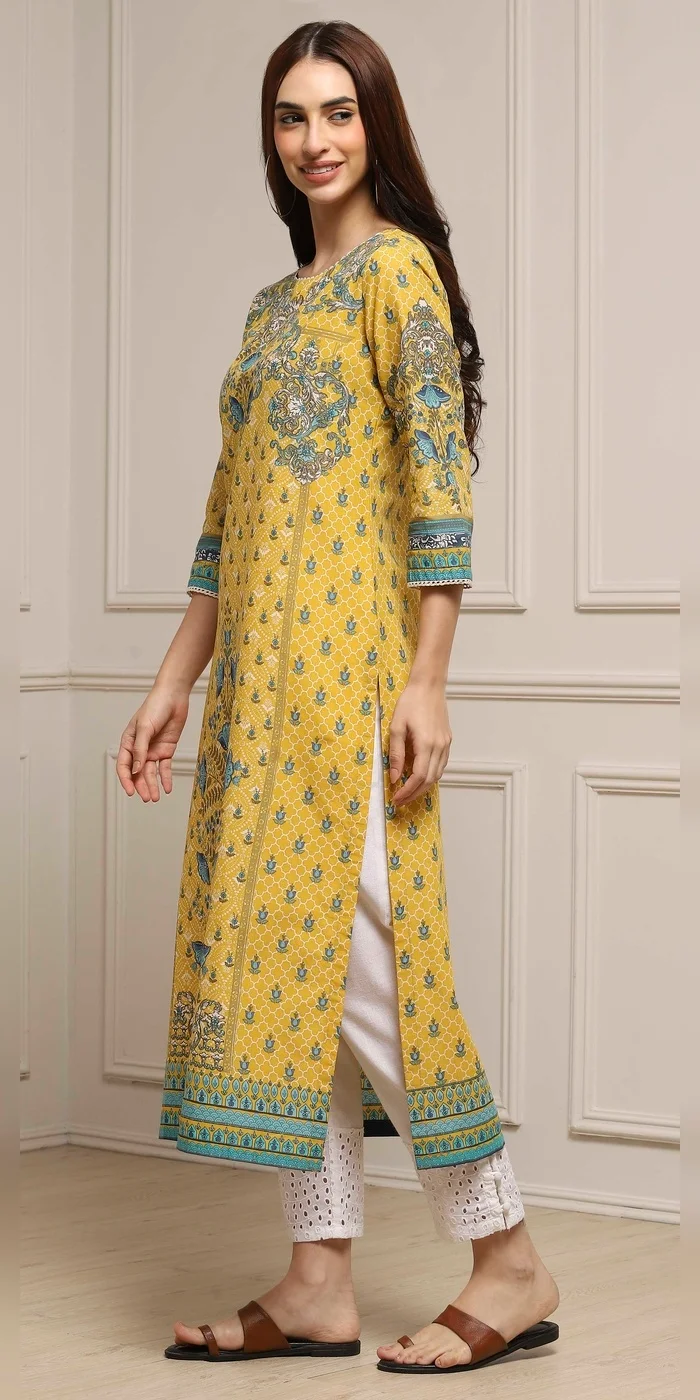 Biba  Women Yellow Cotton Printed Straight Kurta  | Best Price UAE