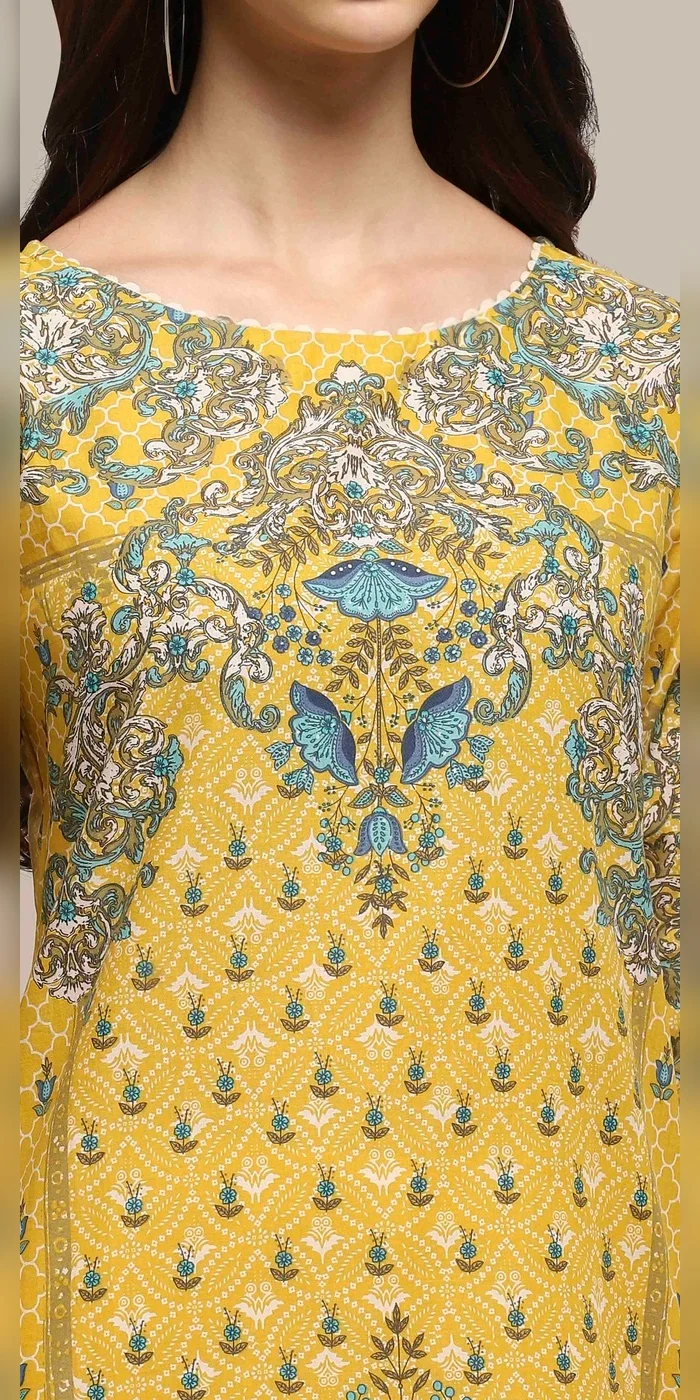 Biba  Women Yellow Cotton Printed Straight Kurta  | Best Price UAE