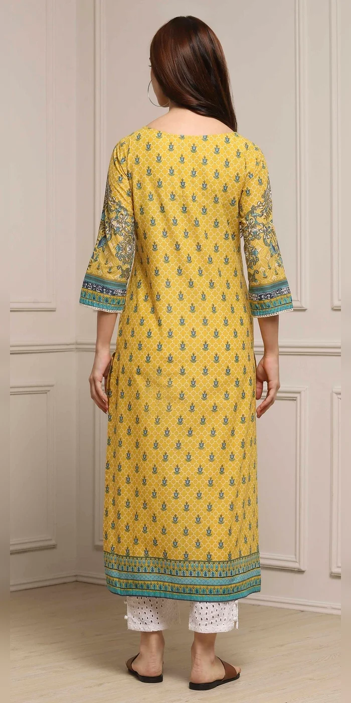 Biba  Women Yellow Cotton Printed Straight Kurta  | Best Price UAE
