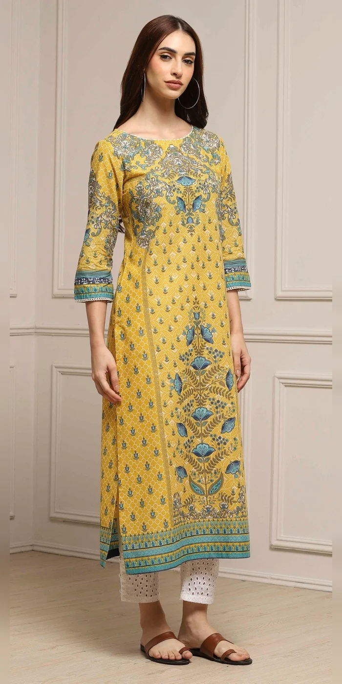 Biba  Women Yellow Cotton Printed Straight Kurta  | Best Price UAE