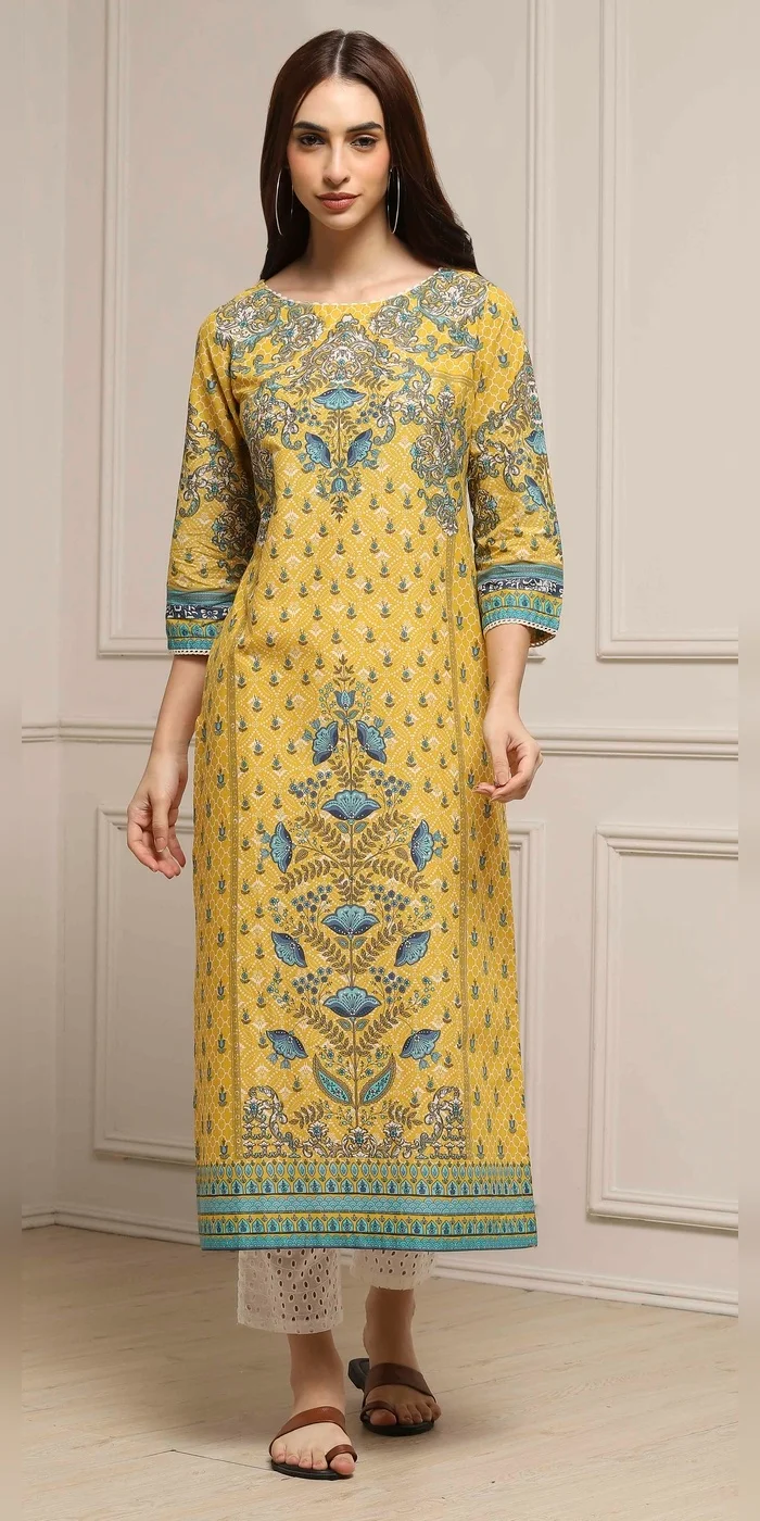 Biba  Women Yellow Cotton Printed Straight Kurta  | Best Price UAE