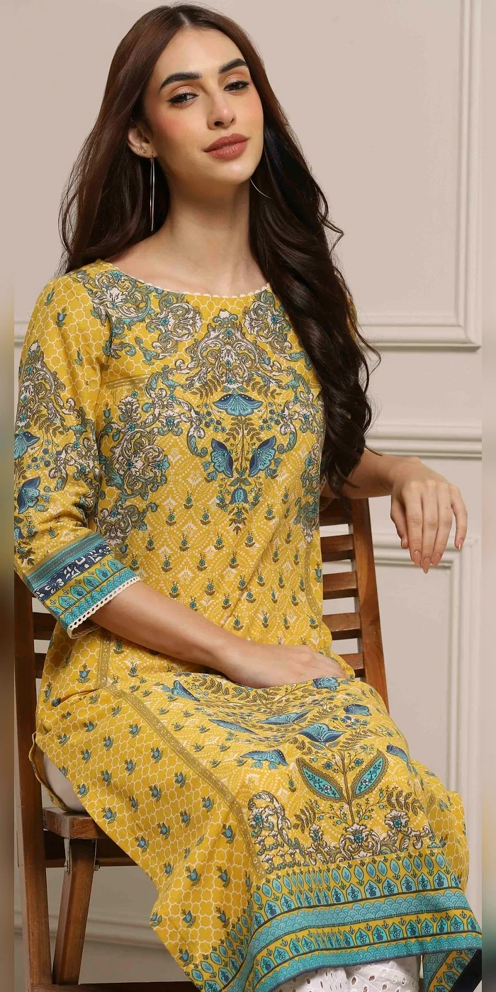 Biba  Women Yellow Cotton Printed Straight Kurta  | Best Price UAE