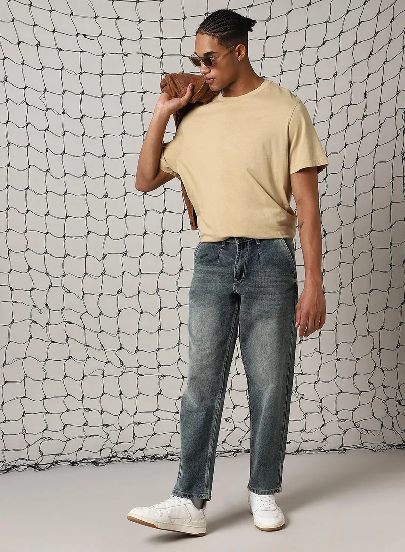 Men's Indigo Cotton Blend Distressed Full Length Relaxed Fit Jeans