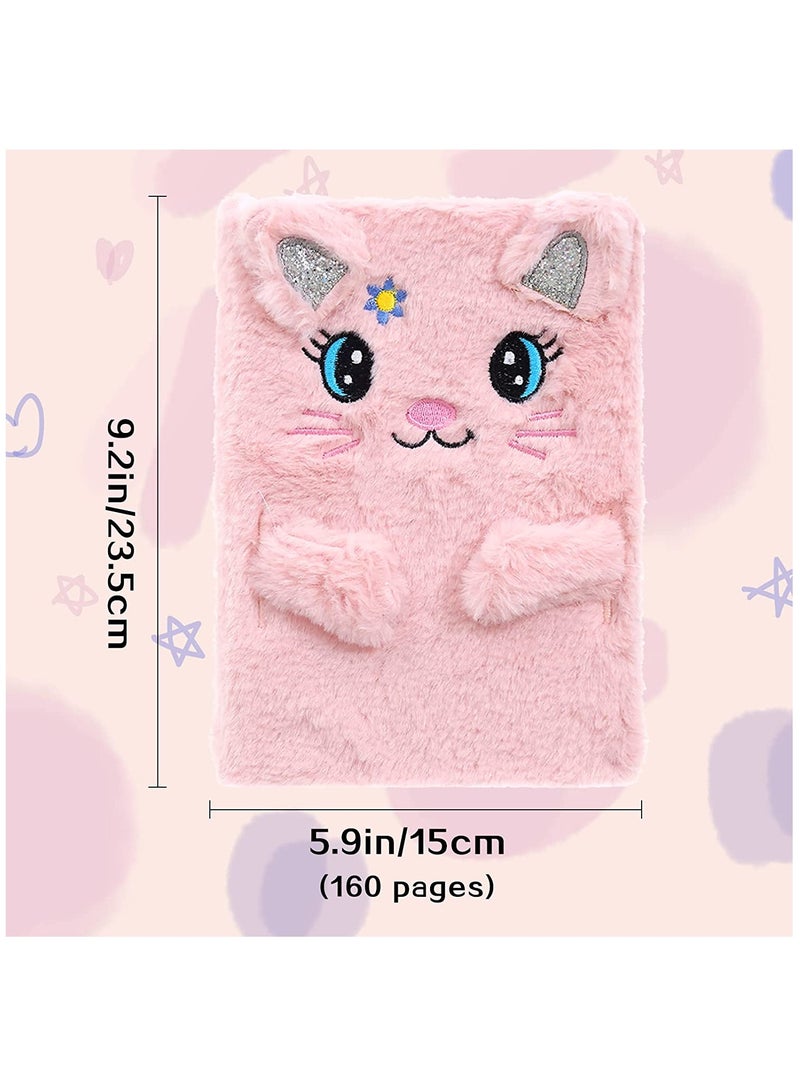 SOLARAE Plush Cat Diary Notebook, Cute Fluffy Pink Cat Journal Set for Kids Girls Secret Diaries Writing and Drawing,Office Supplies,160 Pages - Image 2