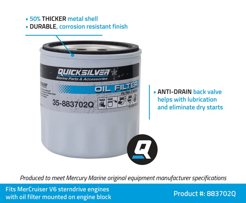 Quicksilver 883702Q Engine Block Mount Oil Filter for V-6 MerCruiser Stern Drive Engines - Image 2