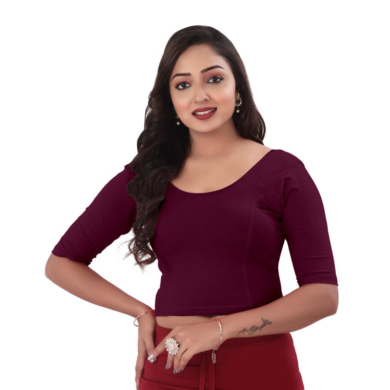 DESI GIRL Neck Cotton Lycra Regular Fit Saree Blouse for Women | Bracelet - 3/4 Sleeve Readymade Stretchy Embroidered Design Festive Blouse Perfect for Saree, Lehenga, Kurti | Wine - 44 - Image 4