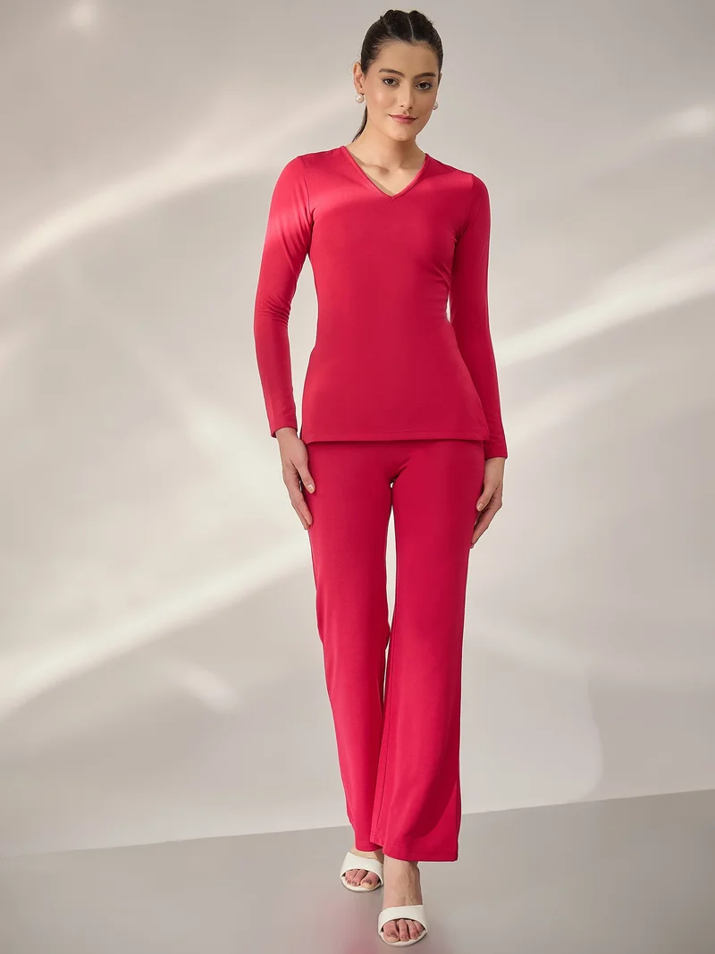 Panit PANIT Magenta Ribbed Fitted Tops with Trouser Co-Ords Set